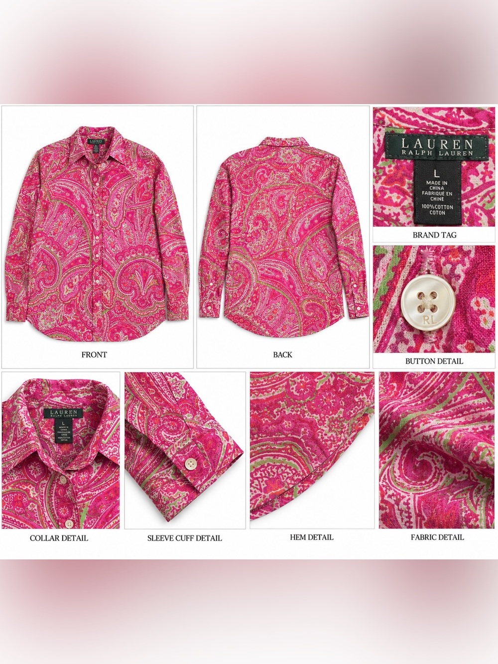 Lauren Ralph Lauren Women’s L Pink Paisley Button Down Shirt 100% Cotton